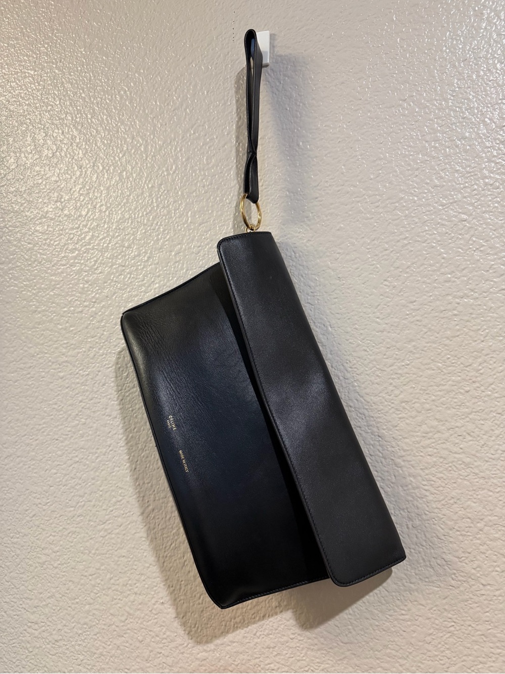 CELINE Black Leather Foldover Gold Hardware Wristlet Clutch